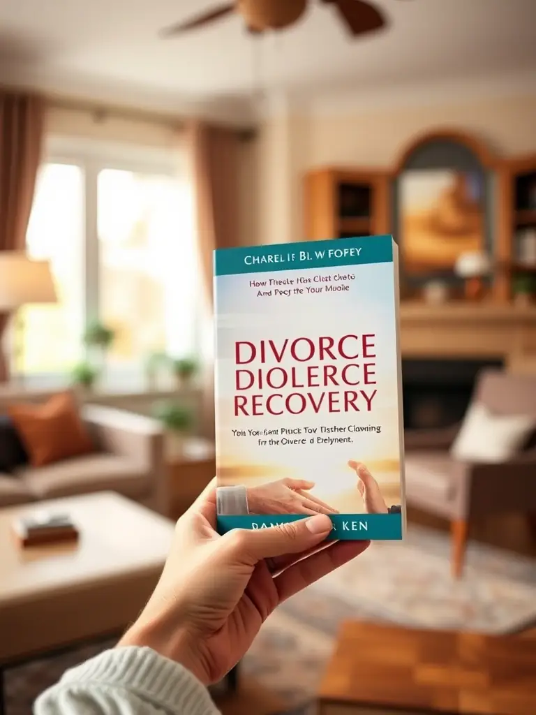 A hand holding a book about divorce recovery, with a warm and inviting background. The book cover features a positive and uplifting image.