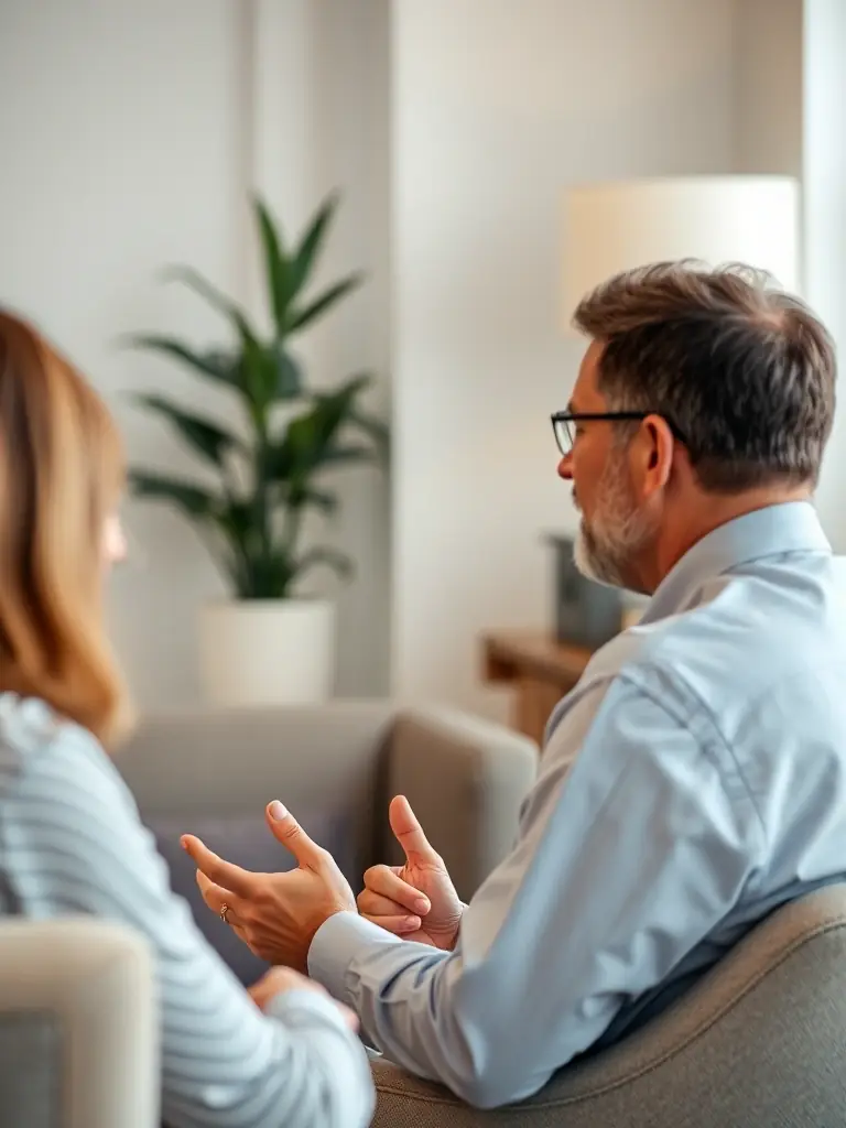 A close-up shot of Leo Marin in a one-on-one coaching session, actively listening and providing guidance to a client in a comfortable office setting. The focus is on empathy and understanding.