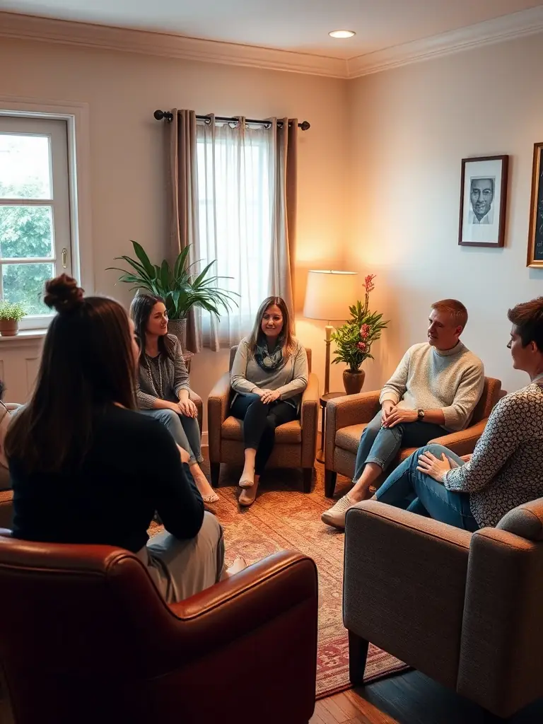 A group of men participating in a support group session, sharing their experiences and offering encouragement to one another. The atmosphere is supportive and understanding.